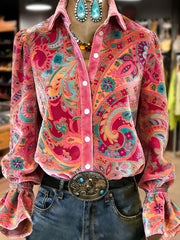 Women's Retro Plants Flowers Art Print Long Sleeve Top