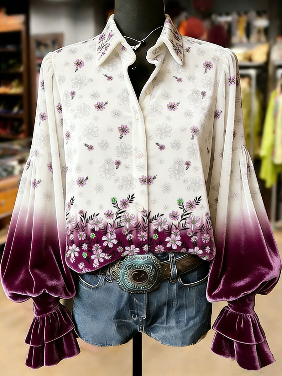 Women's Retro Plants Flowers Art Print Long Sleeve Top