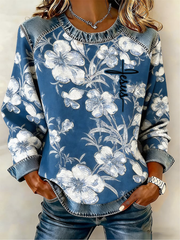 Women's Cross Flowers Denim Patchwork Top