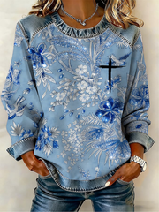 Women's Cross Flowers Denim Patchwork Top