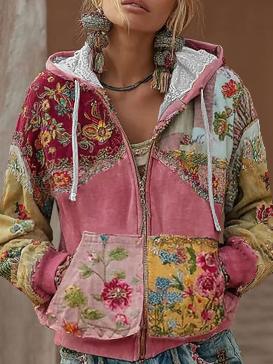 Women's Pink Floral Print Casual Zip-Up Top