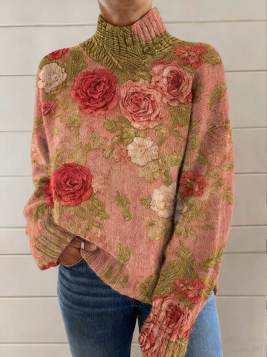 Women's Pink Art Print Long Sleeve Knit Sweater