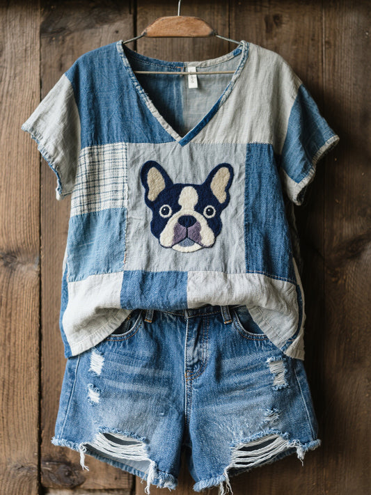 Women's Lovely French Bulldog Pattern Patchwork V-Neck Top