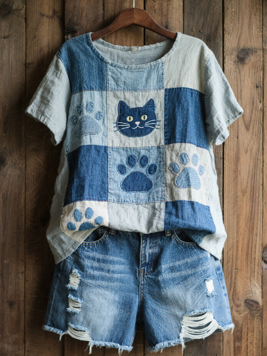 Women's Lovely Cat Pattern Patchwork Art Top