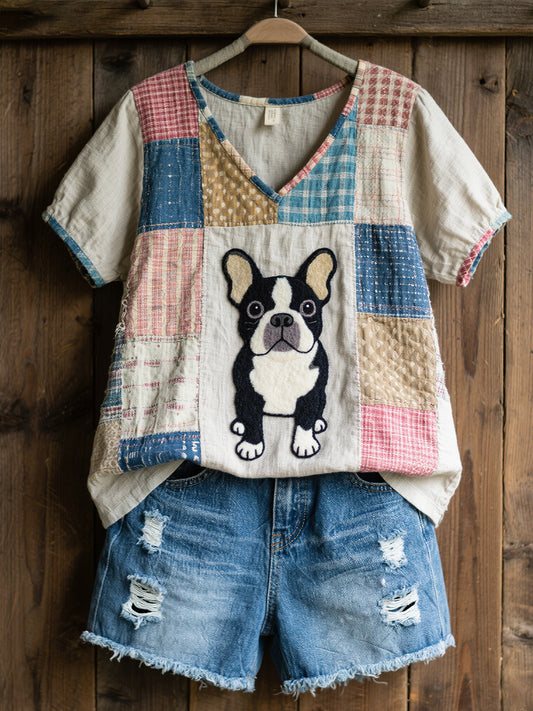 Women's Lovely French Bulldog Pattern Patchwork Art V-Neck Top