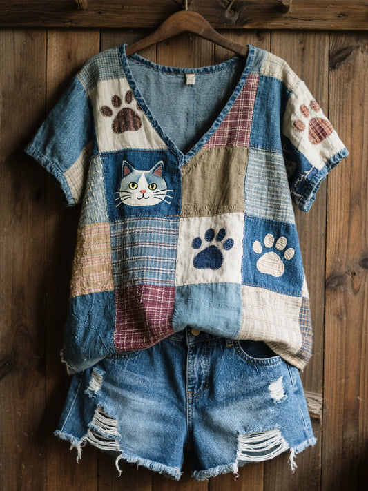 Women's Lovely Cat Patchwork Art V-Neck Top