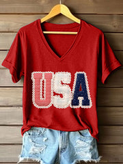 Women's USA Patchwork Art V-Neck T-Shirt