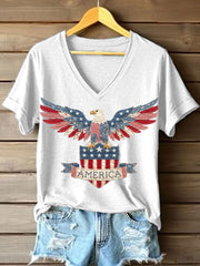 Women's USA Patchwork Art V-Neck T-Shirt