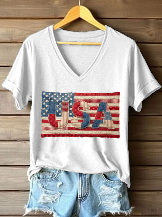 Women's USA Patchwork Art V-Neck T-Shirt