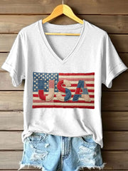 Women's USA Patchwork Art V-Neck T-Shirt
