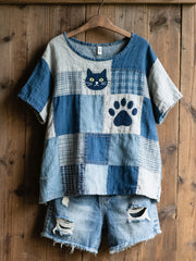 Women's Lovely Cat Pattern Patchwork Art Linen Blend Shirt