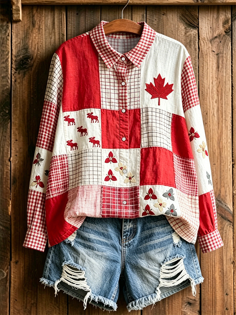 Women's  Maple Leaf Checkered Print Long sleeves Shirt
