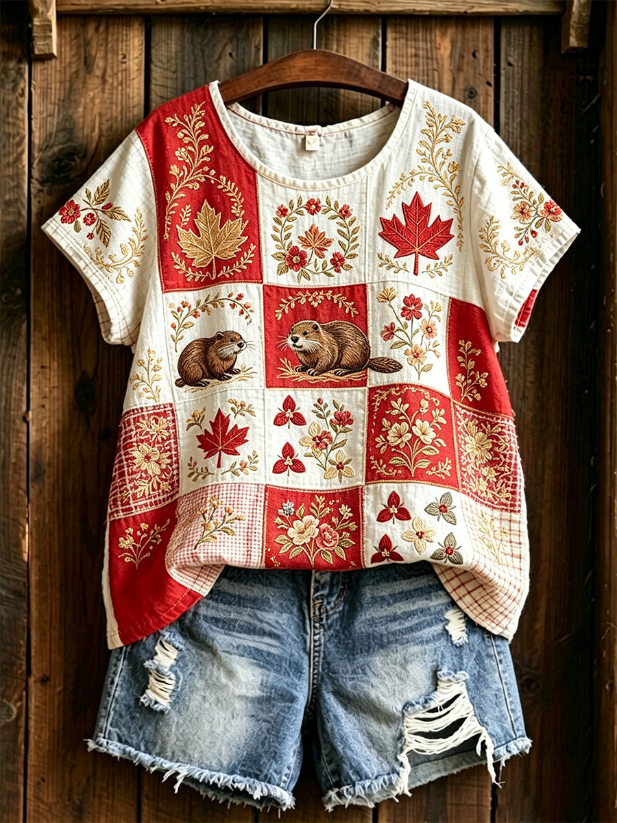 Women's  Maple Leaf Checkered Print Casual Tee
