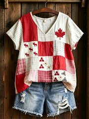 Women's  Maple Leaf Checkered Print Casual V-Neck Tee