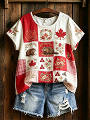 Women's  Maple Leaf Checkered Print Casual Tee