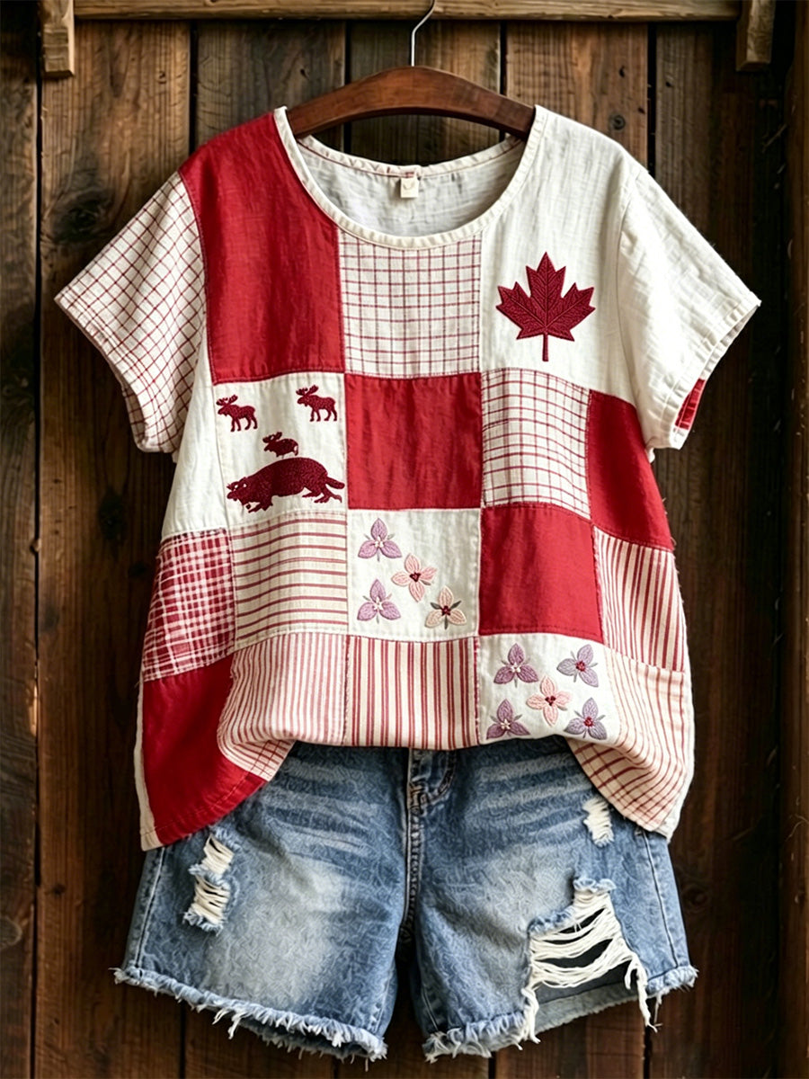 Women's  Maple Leaf Checkered Print Casual Tee