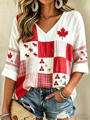 Women's  Maple Leaf Checkered Print Casual V-Neck Shirt