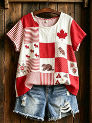 Women's  Maple Leaf Checkered Print Casual Tee