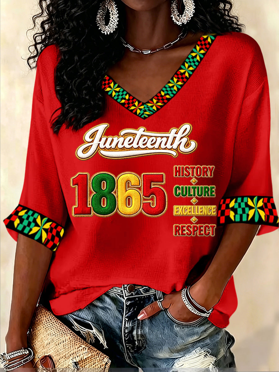 Women's Juneteenth Print Casual V-Neck Waffle Top