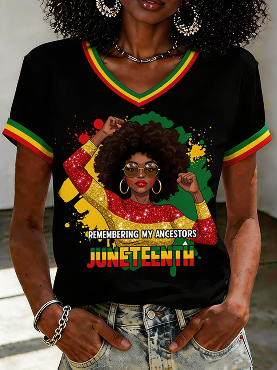 Women's Juneteenth Remebering My Ancestors Print V-Neck Tee