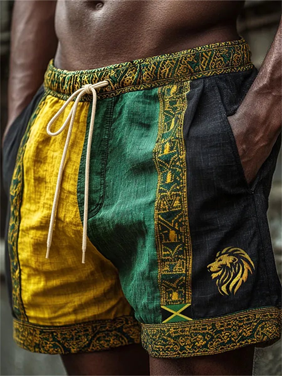 Men's Reggae Lion Jamaica Flag Ethnic Colorblock Print Linen Shorts