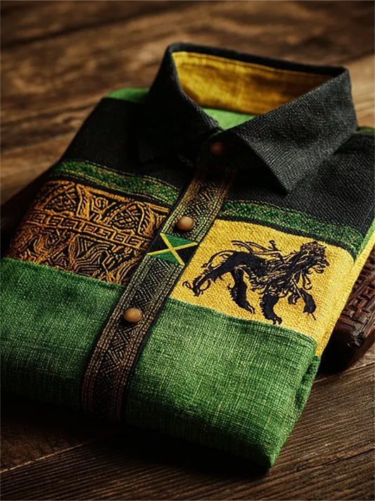 Men's Black Pride Lion Jamaica Flag African Kente Print Short Sleeve Shirt