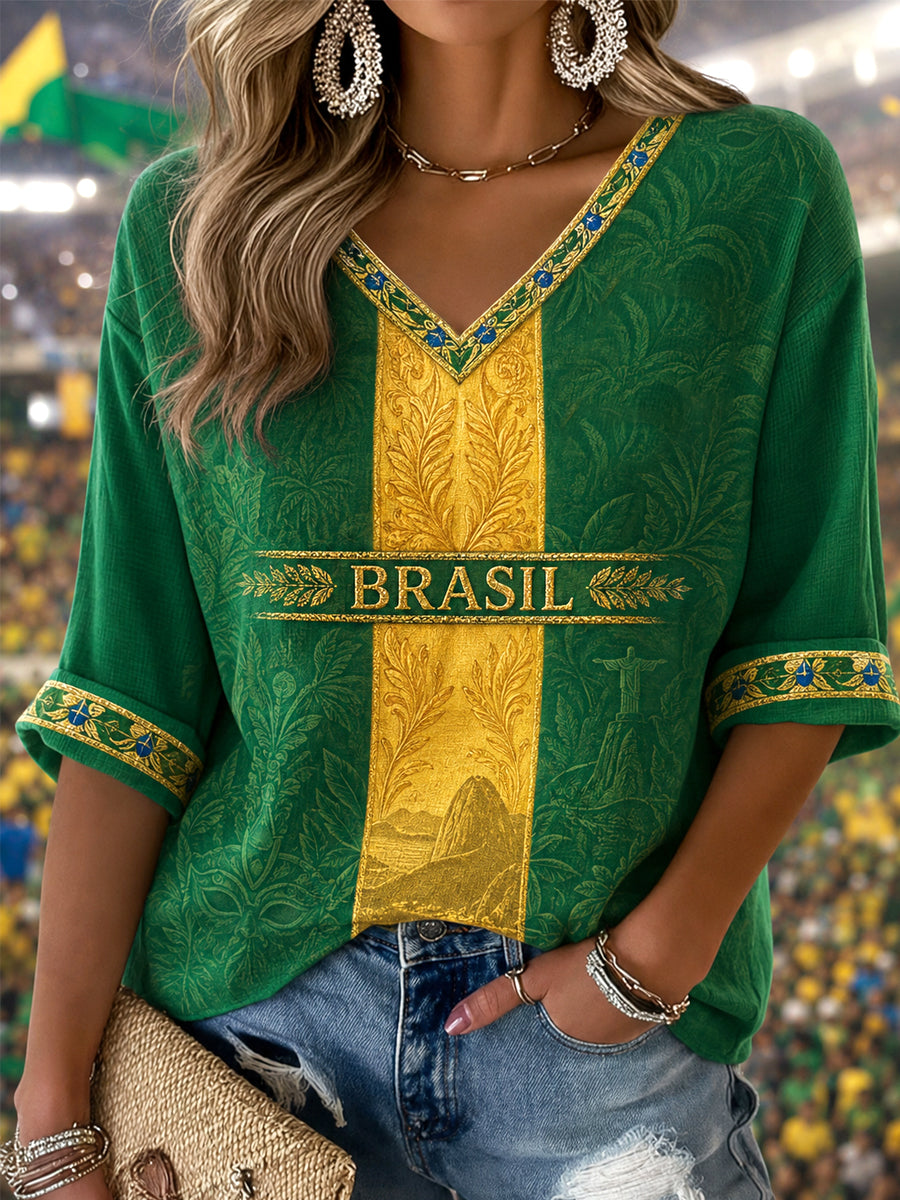 Women's Gift For Football Fans Print Casual Half-Sleeve V-Neck T-Shirt