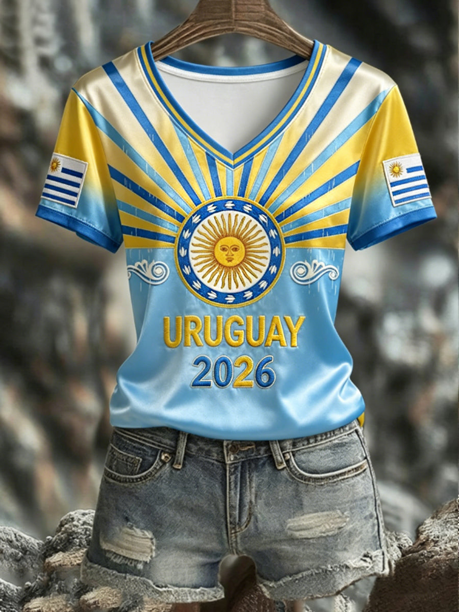 Women's URUGUAY 2026 Football V-Neck Short-Sleeve Silk T-Shirt