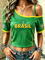 Women's football element plant print casual sports short-sleeved T-shirt