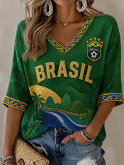 Women's Brazil Football Fan Gift Mid-length Sleeves V-Neck T-Shirt