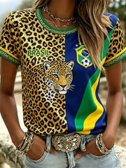 Women's Brasil Football Leopard Flag Colorblock Print short-sleeved T-shirt