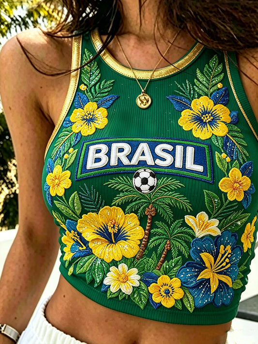 Women's Retro Brazilian Rainforest Style Football Fan Art Print Casual Vest
