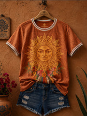Women's Mexico Guelaguetza Clay Sun Faces Art Printed Linen T-shirt