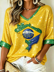 Women's Mid-length Sleeves V-Neck T-Shirt
