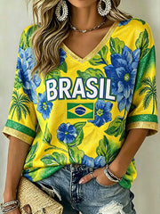 Women's Brazilian Tropical Floral Print Mid-length Sleeves V-Neck T-Shirt