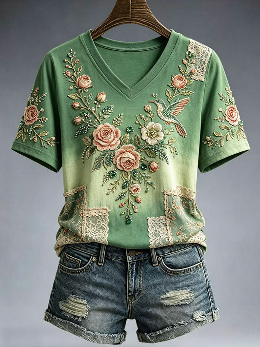 Women's Elegant Floral Embroidery Art T-Shirt