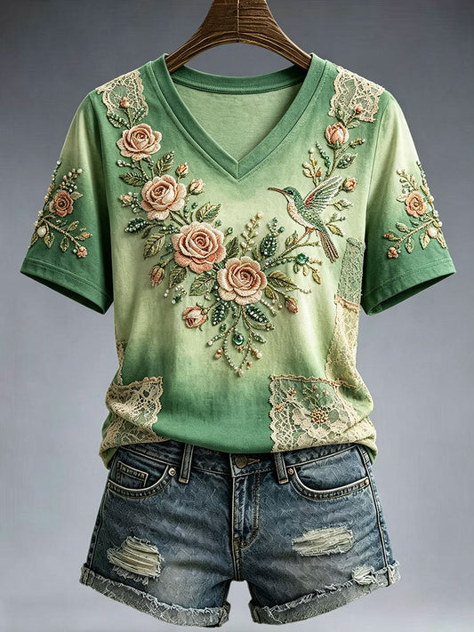 Women's Elegant Floral Embroidery Art T-Shirt