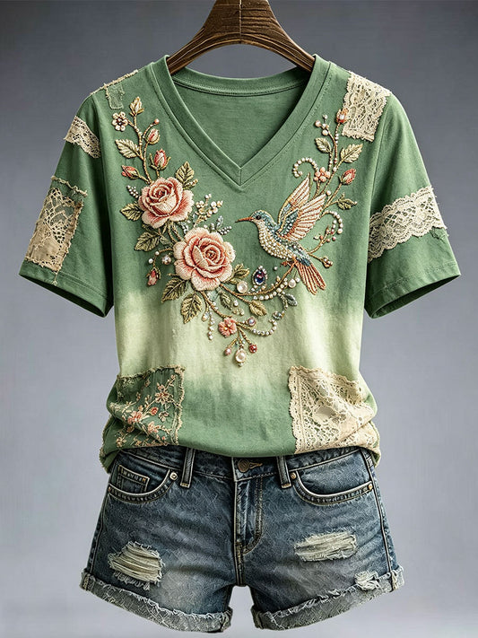 Women's Elegant Floral Embroidery Art T-Shirt