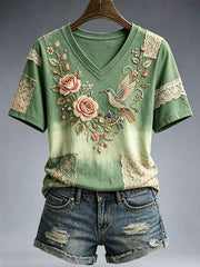 Women's Elegant Floral Embroidery Art T-Shirt