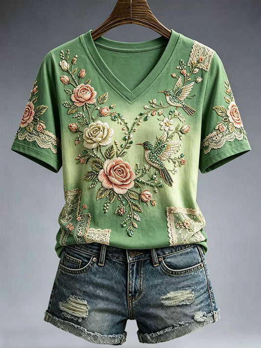 Women's Elegant Floral Embroidery Art T-Shirt