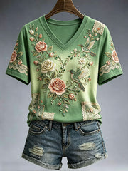 Women's Elegant Floral Embroidery Art T-Shirt
