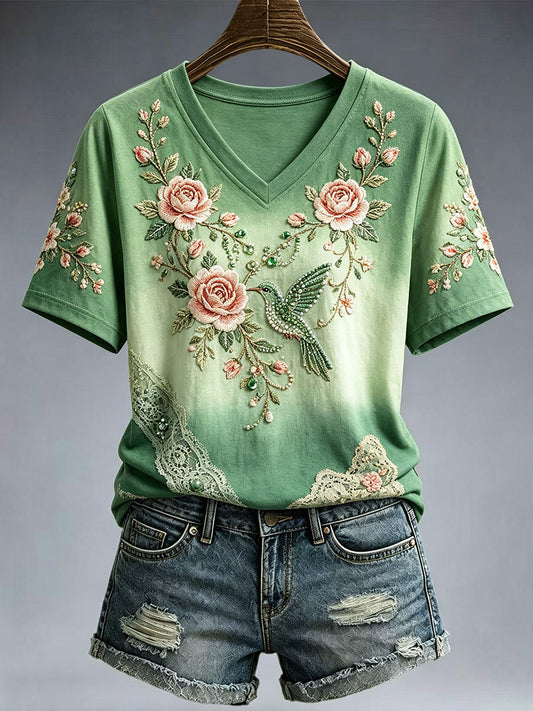 Women's Elegant Floral Embroidery Art T-Shirt