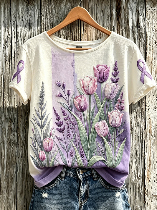 Women's purple floral print casual  short-sleeved T-shirt