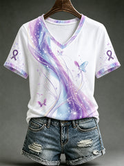 Women's Alzheimer's Awareness Support Purple Floral  V-Neck T-Shirt
