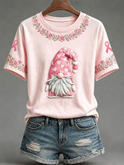 Women's Breast  Cancer Awareness Pink Hat Gnome Short-sleeved T-shirt