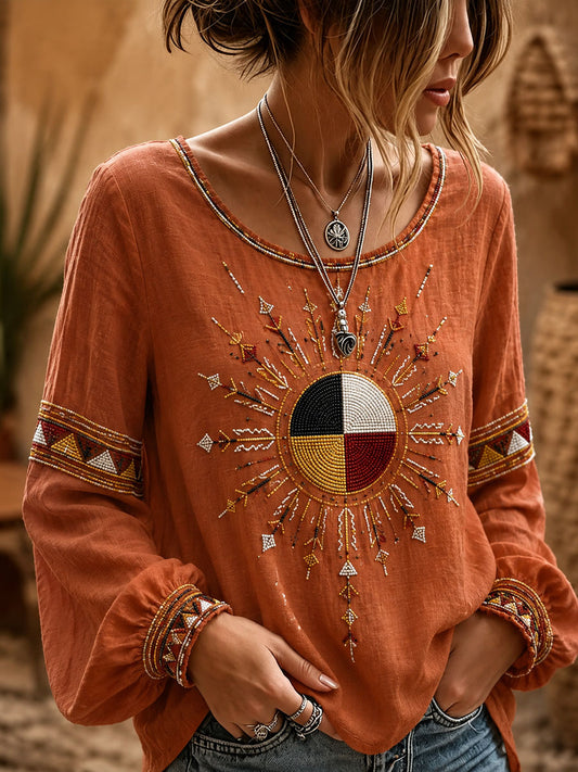 Women's Indigenous Art Cotton Linen Shirt