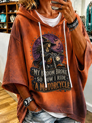 Women’s  My Broom Broke So Now I Ride A Motorcycle Halloween Witch Print Hoodie
