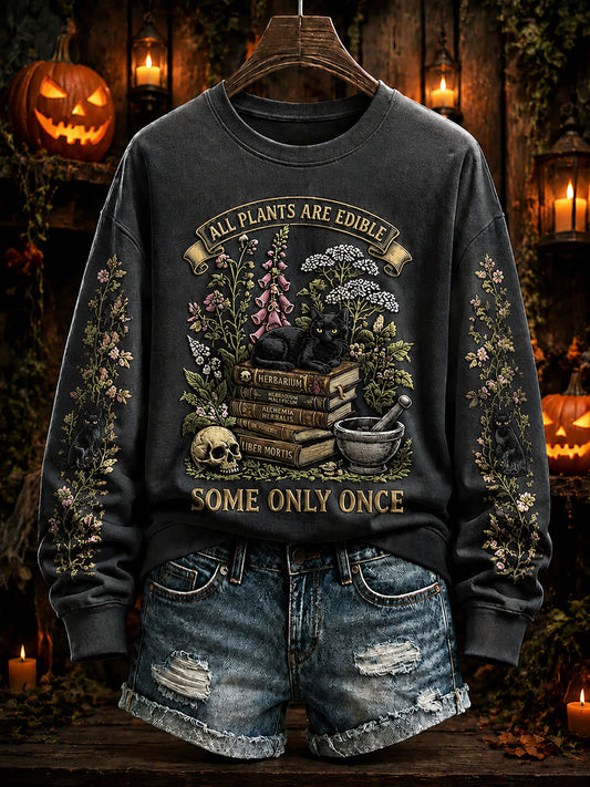 Women's "All Plants Are Edible Some Only Once" Halloween Floral Print Casual Regular Sweatshirt