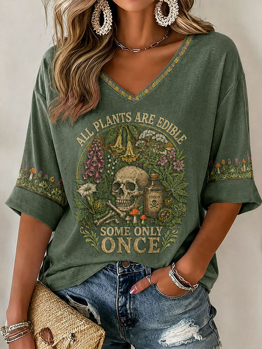 Women's "All Plants Are Edible Some Only Once" Halloween Floral Print Casual T-Shirt