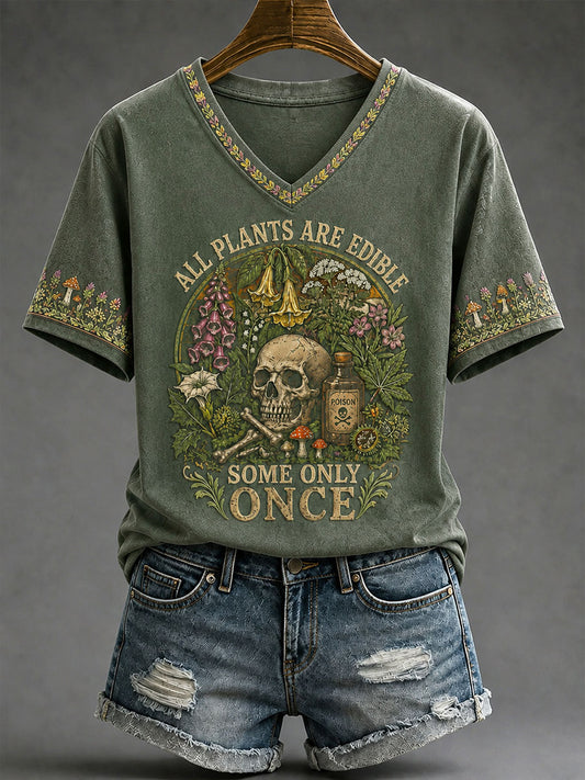 Women's "All Plants Are Edible Some Only Once" Halloween Floral Print Casual T-shirt